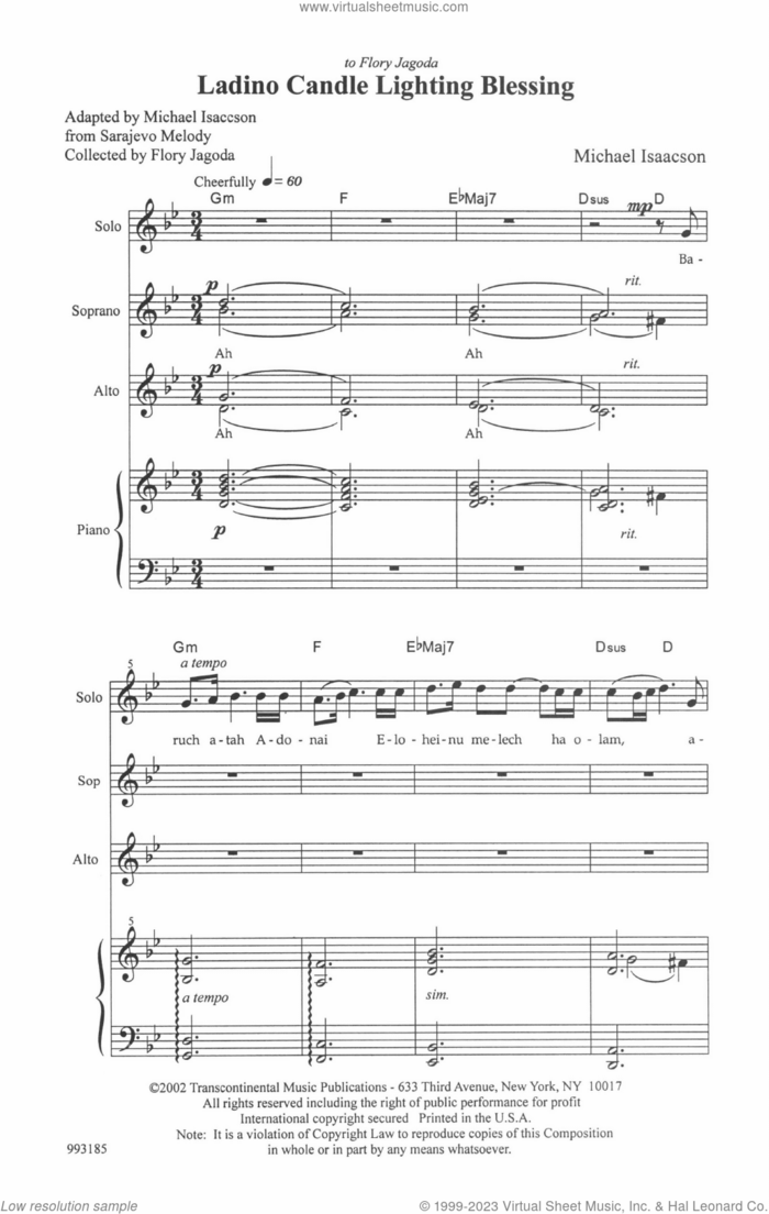 Ladino Candle Blessing sheet music for choir (SA) by Michael Isaacson, intermediate skill level