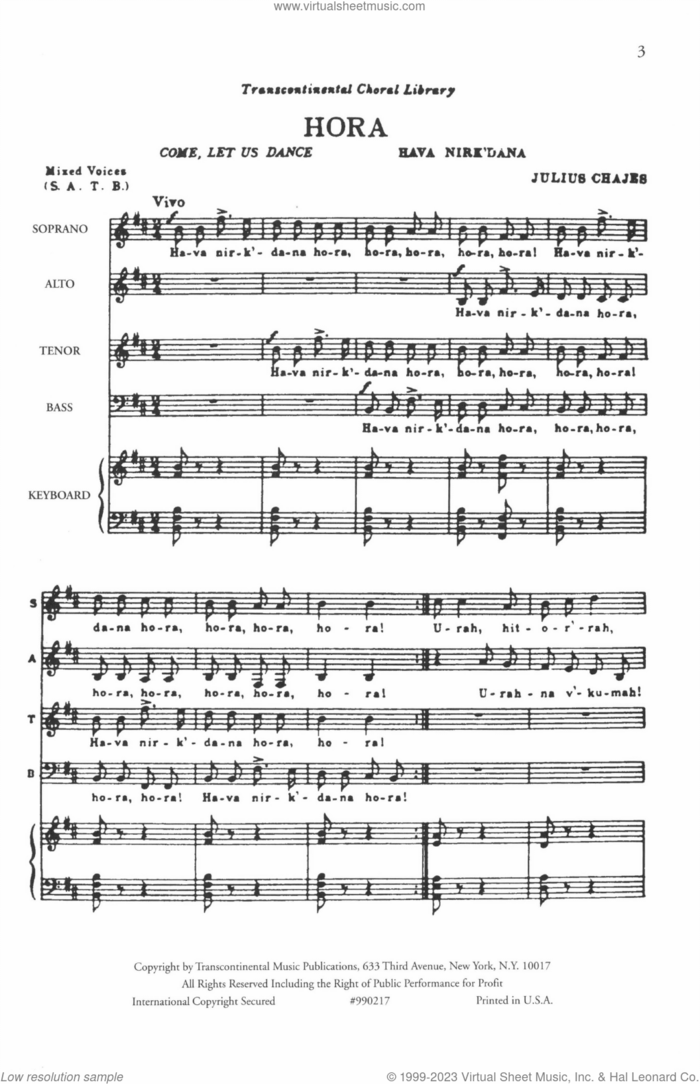 Hora (Come Let Us Dance) sheet music for choir (SATB: soprano, alto, tenor, bass) by Julius Chajes, classical score, intermediate skill level