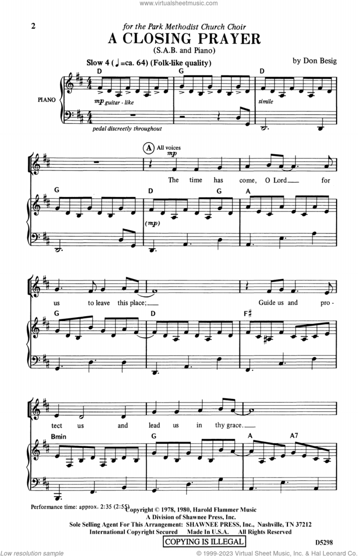 A Closing Prayer sheet music for choir (SAB: soprano, alto, bass) by Don Besig, intermediate skill level
