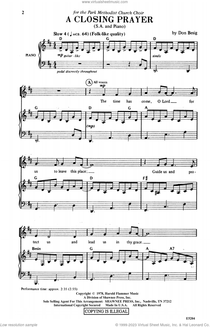 A Closing Prayer sheet music for choir (2-Part) by Don Besig, intermediate duet
