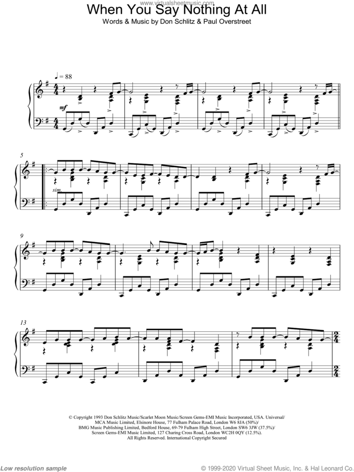 When You Say Nothing At All, (intermediate) sheet music for piano solo by Alison Krauss & Union Station, Don Schlitz and Paul Overstreet, wedding score, intermediate skill level