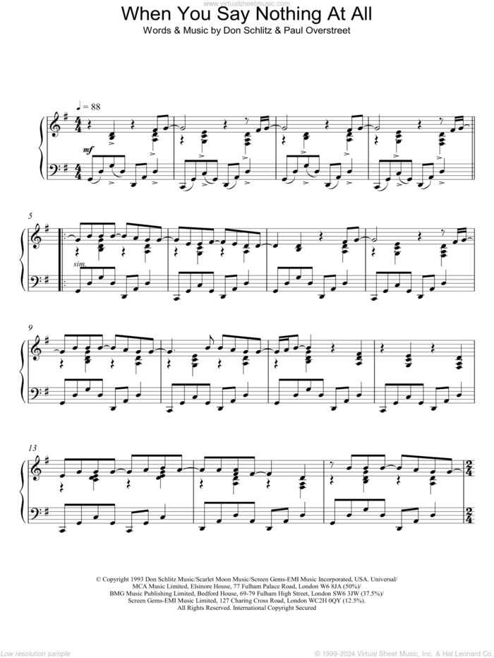 When You Say Nothing At All, (intermediate) sheet music for piano solo by Alison Krauss & Union Station, Don Schlitz and Paul Overstreet, wedding score, intermediate skill level