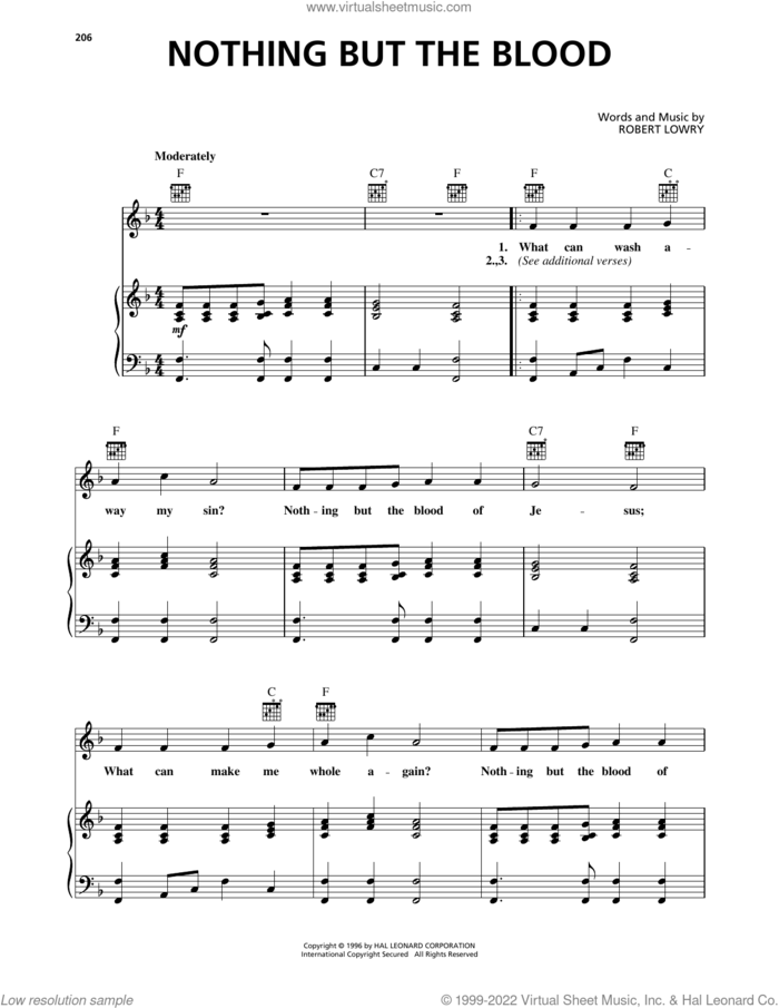 Nothing But The Blood sheet music for voice, piano or guitar by Robert Lowry, intermediate skill level