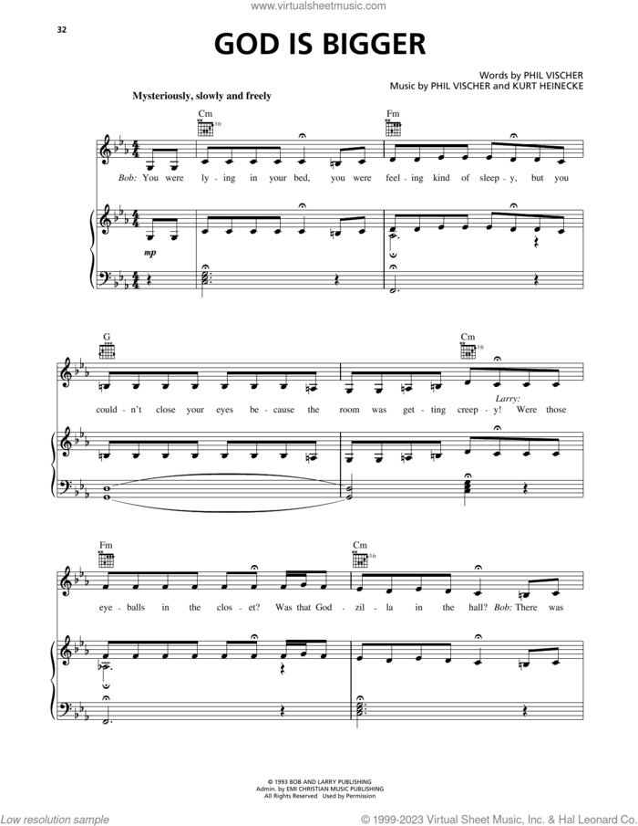 God Is Bigger (from VeggieTales) sheet music for voice, piano or guitar by Phil Vischer, VeggieTales and Kurt Heinecke, intermediate skill level