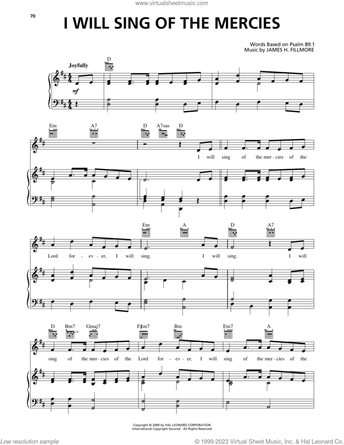 I Will Sing Of The Mercies sheet music for voice, piano or guitar by James H. Fillmore and Psalm 89:1, intermediate skill level