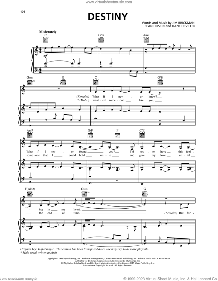 Destiny sheet music for voice, piano or guitar by Jim Brickman, Dane Deviller and Sean Hosein, wedding score, intermediate skill level