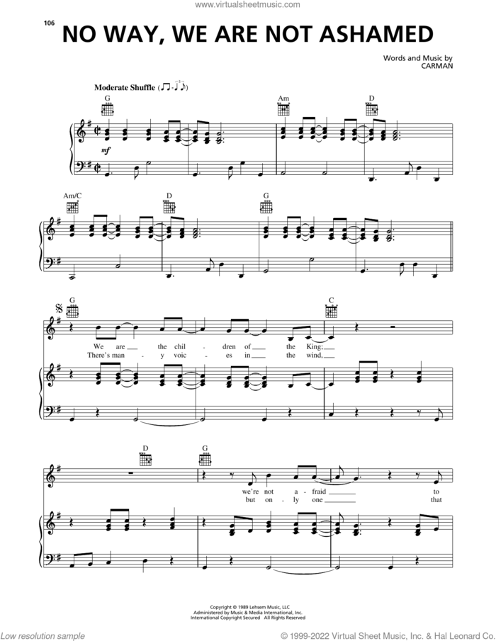 No Way, We Are Not Ashamed sheet music for voice, piano or guitar by Carman, intermediate skill level