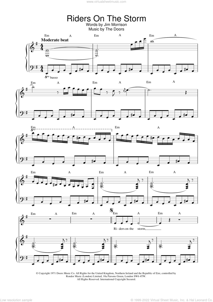 Riders On The Storm sheet music for voice, piano or guitar by The Doors, intermediate skill level