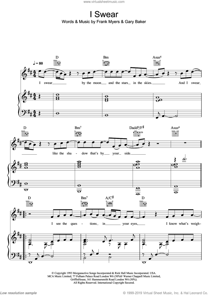 I Swear sheet music for voice, piano or guitar by All-4-One, John Michael Montgomery, David Foster, Frank Myers and Gary Baker, wedding score, intermediate skill level