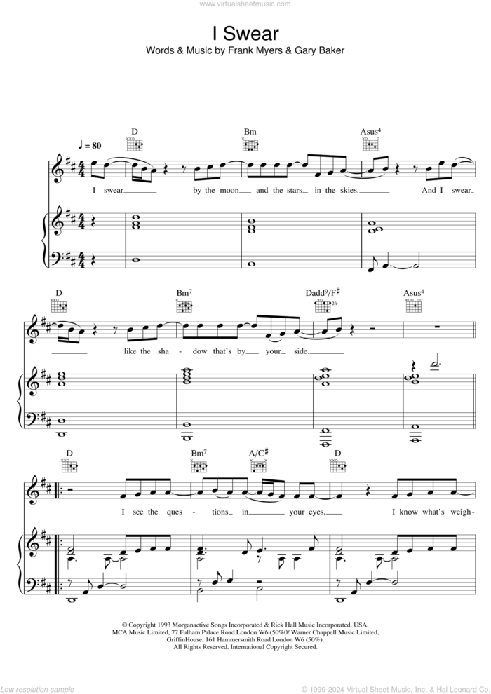 I Swear sheet music for voice, piano or guitar by All-4-One, John Michael Montgomery, David Foster, Frank Myers and Gary Baker, wedding score, intermediate skill level