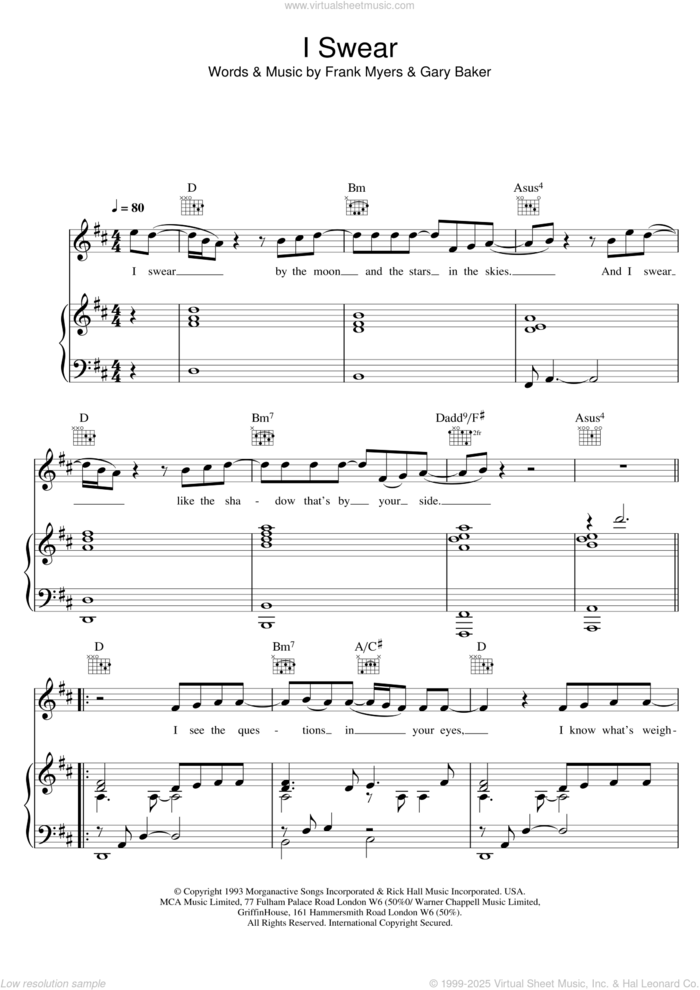 I Swear sheet music for voice, piano or guitar by All-4-One, John Michael Montgomery, David Foster, Frank Myers and Gary Baker, wedding score, intermediate skill level