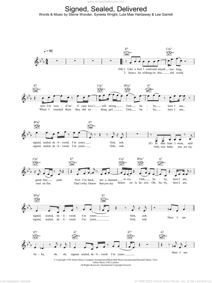 Signed, Sealed, Delivered sheet music for voice and other instruments (fake book)  and Stevie Wonder, intermediate skill level
