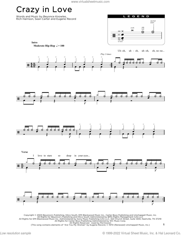 Crazy In Love (feat. Jay-Z) sheet music for drums (percussions) by Beyonce, Eugene Record, Rich Harrison and Shawn Carter, intermediate skill level