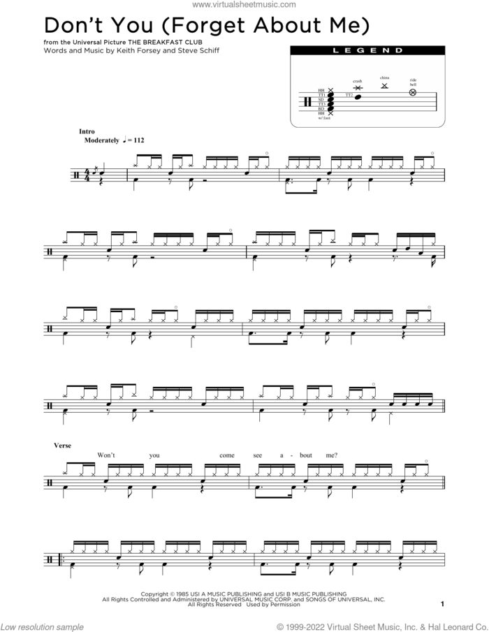 Don't You (Forget About Me) sheet music for drums (percussions) by Simple Minds, Keith Forsey and Steve Schiff, intermediate skill level