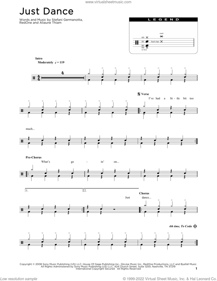 Just Dance sheet music for drums (percussions) by Lady Gaga, Aliaune Thiam and RedOne, intermediate skill level