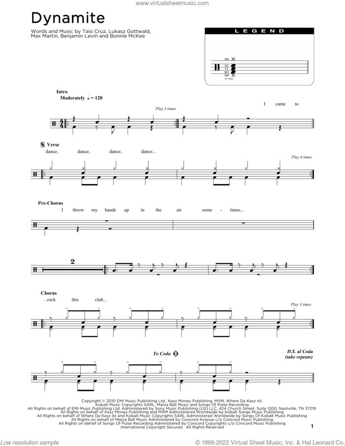 Dynamite sheet music for drums (percussions) by Taio Cruz, Benjamin Levin, Bonnie McKee, Lukasz Gottwald and Max Martin, intermediate skill level