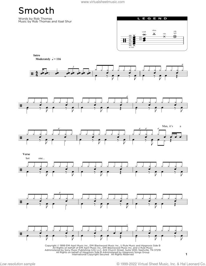 Smooth sheet music for drums (percussions) by Santana featuring Rob Thomas, Itaal Shur and Rob Thomas, intermediate skill level