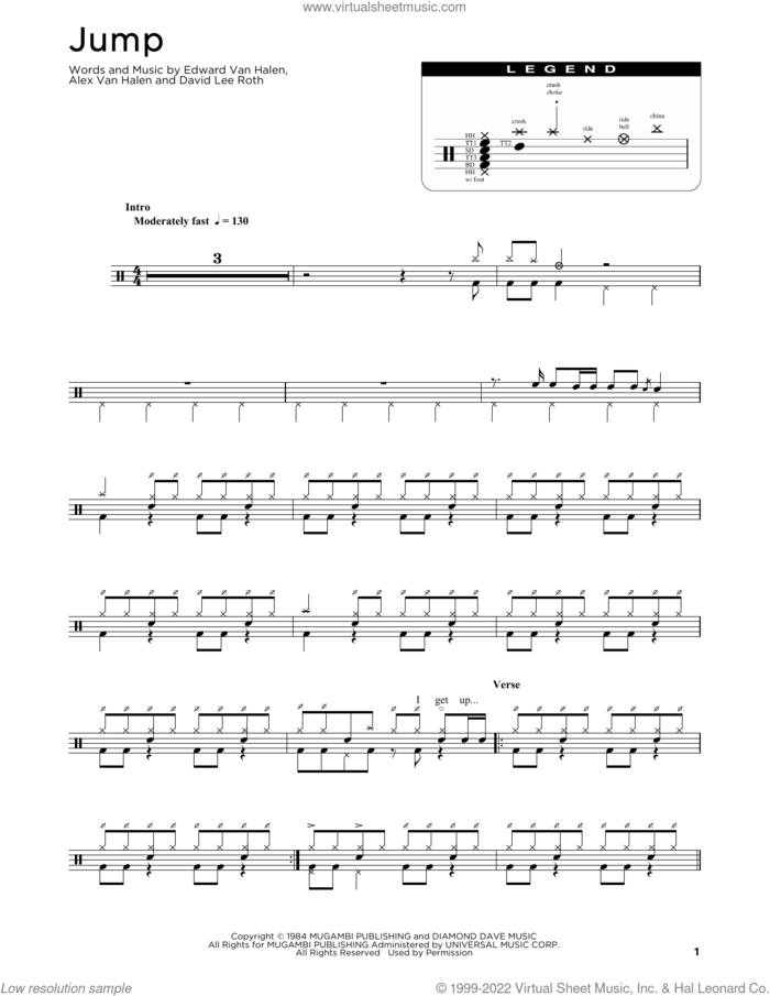 Jump sheet music for drums (percussions) by Edward Van Halen, Alex Van Halen and David Lee Roth, intermediate skill level