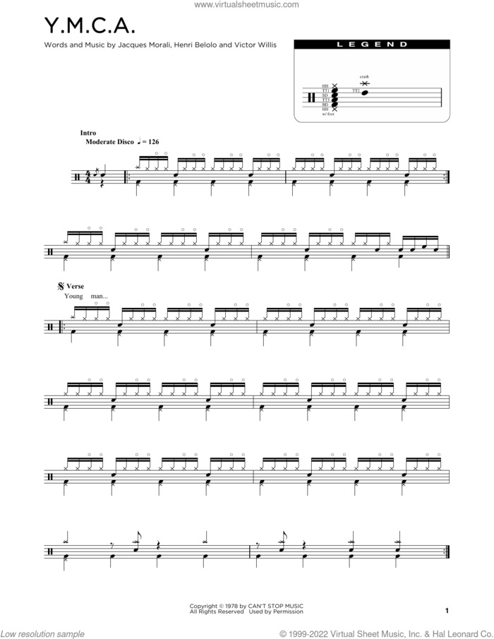 Y.M.C.A. sheet music for drums (percussions) by Village People, Henri Belolo, Jacques Morali and Victor Willis, intermediate skill level