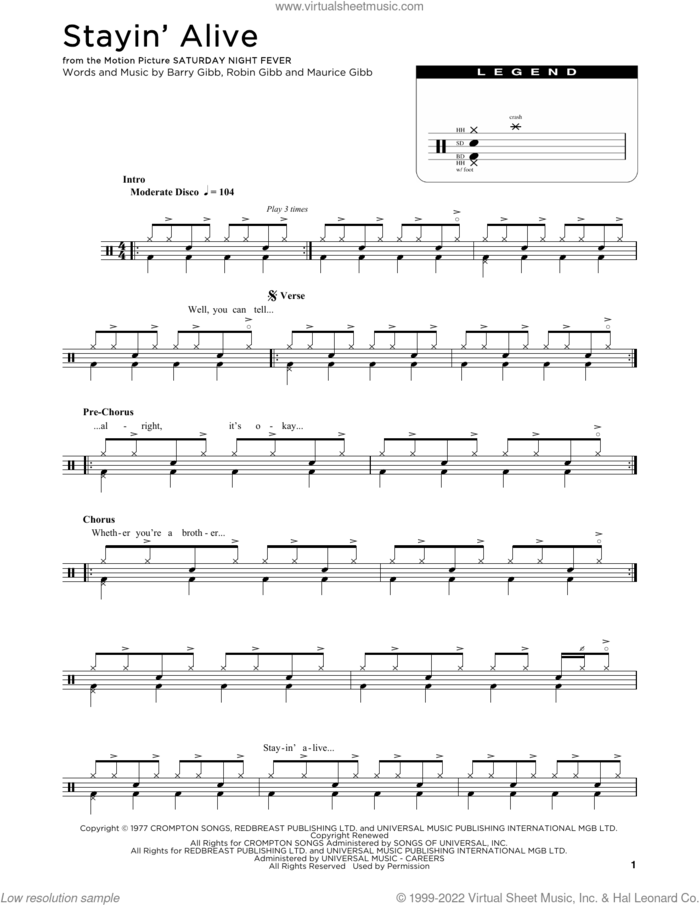 Stayin' Alive sheet music for drums (percussions) by Barry Gibb, Bee Gees, Maurice Gibb and Robin Gibb, intermediate skill level
