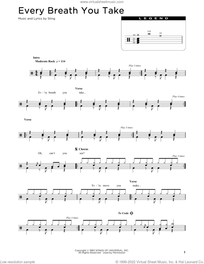 Every Breath You Take sheet music for drums (percussions) by The Police and Sting, intermediate skill level