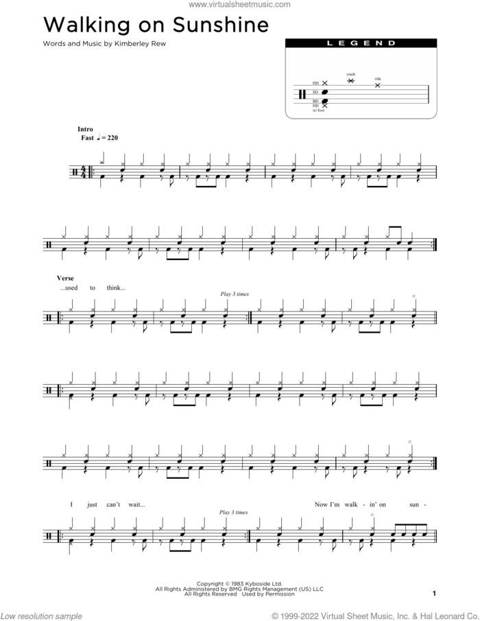 Walking On Sunshine sheet music for drums (percussions) by Katrina And The Waves and Kimberley Rew, intermediate skill level