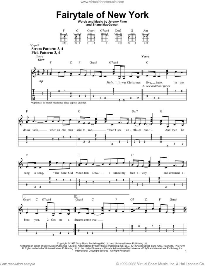 Fairytale Of New York sheet music for guitar solo (easy tablature) by The Pogues & Kirsty MacColl, Jeremy Finer and Shane MacGowan, classical score, easy guitar (easy tablature)