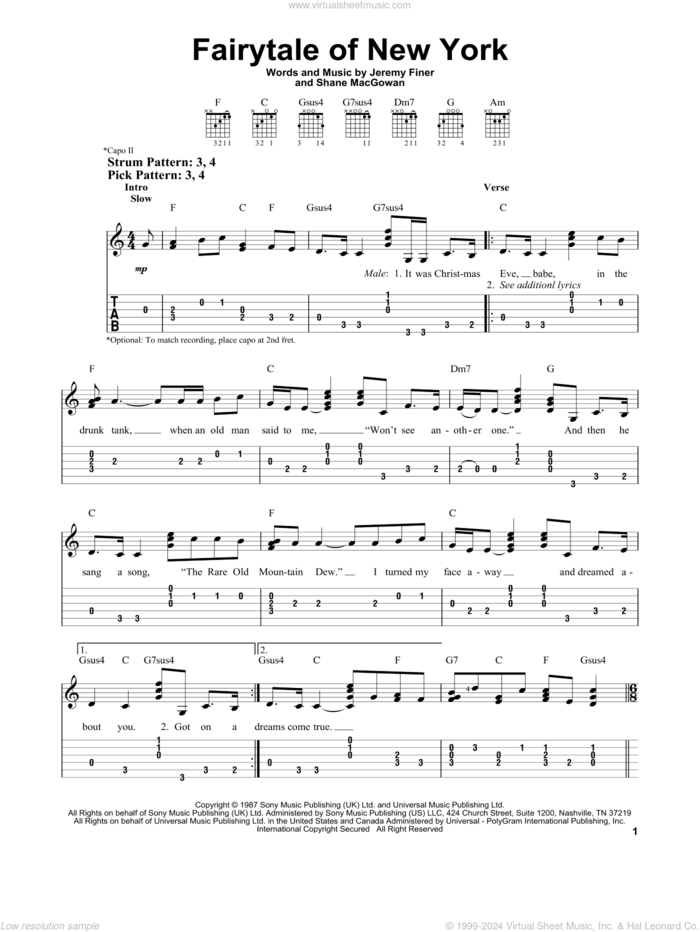 Fairytale Of New York sheet music for guitar solo (easy tablature) by The Pogues & Kirsty MacColl, Jeremy Finer and Shane MacGowan, classical score, easy guitar (easy tablature)