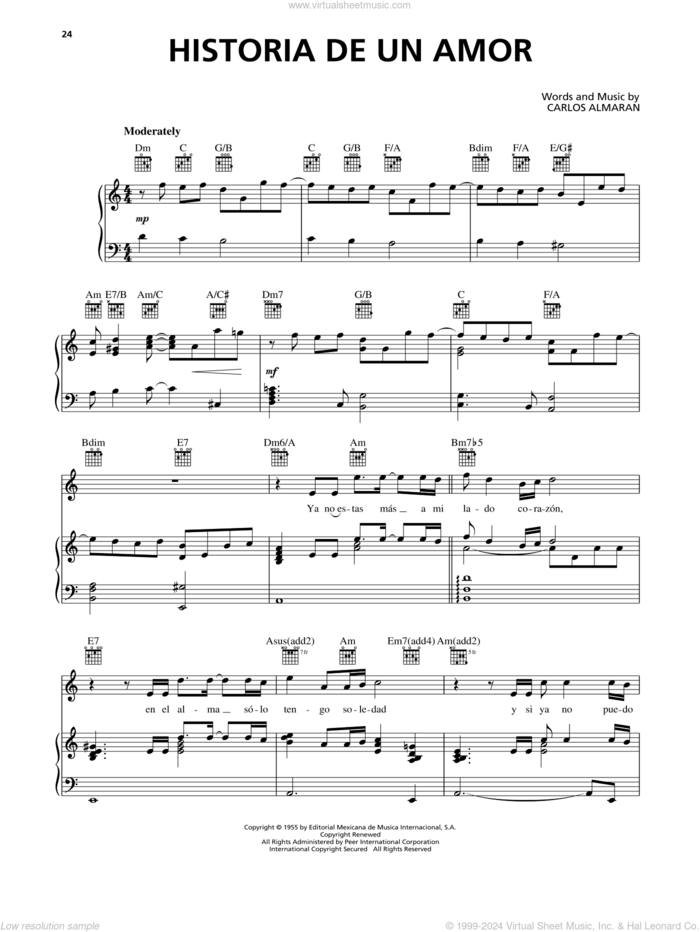 Historia De Un Amor sheet music for voice, piano or guitar by Luis Miguel and Carlos Almaran, intermediate skill level