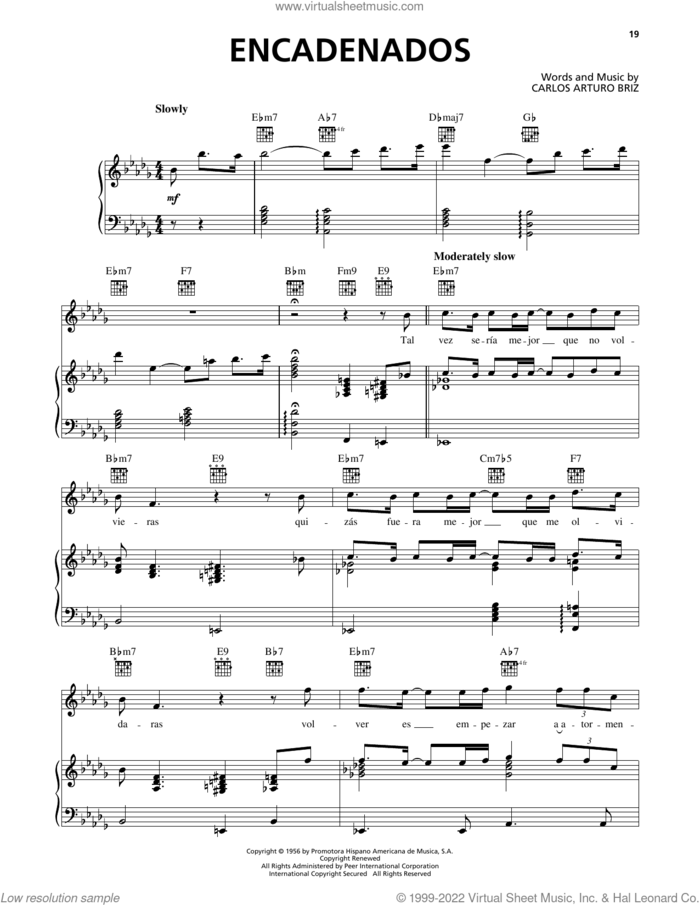 Encadenados sheet music for voice, piano or guitar by Luis Miguel and Carlos Arturo Briz, intermediate skill level