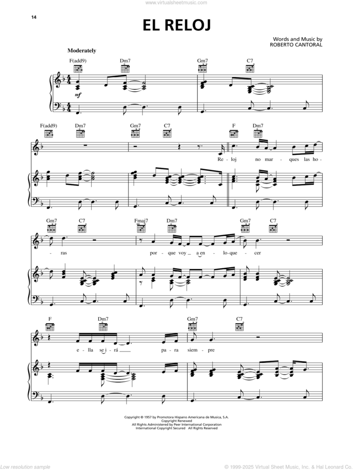 El Reloj sheet music for voice, piano or guitar by Luis Miguel and Roberto Cantoral, intermediate skill level