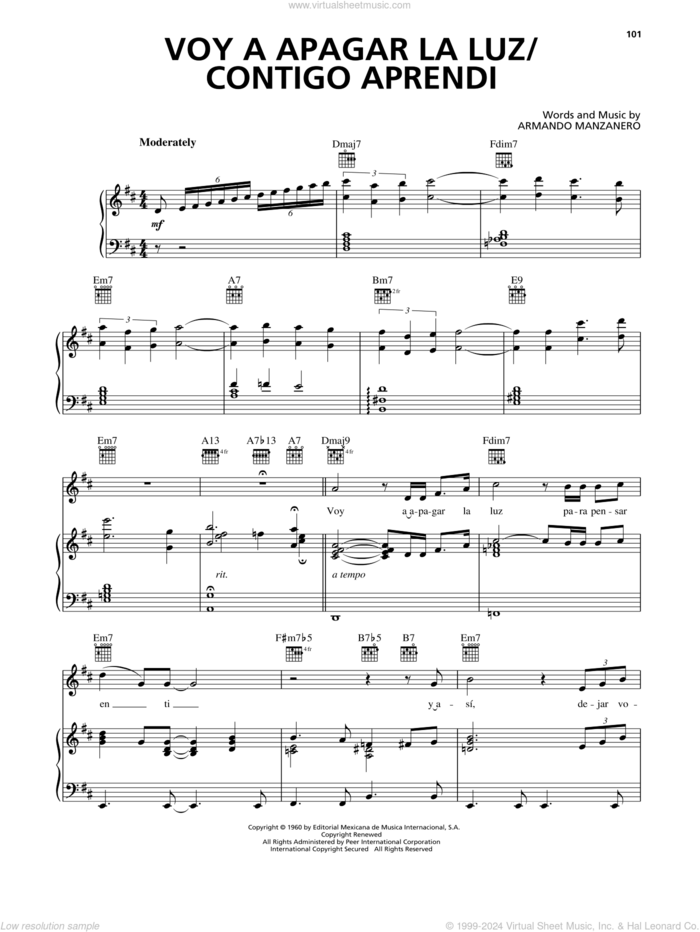 Voy A Apagar La Luz sheet music for voice, piano or guitar by Luis Miguel and Armando Manzanero, intermediate skill level
