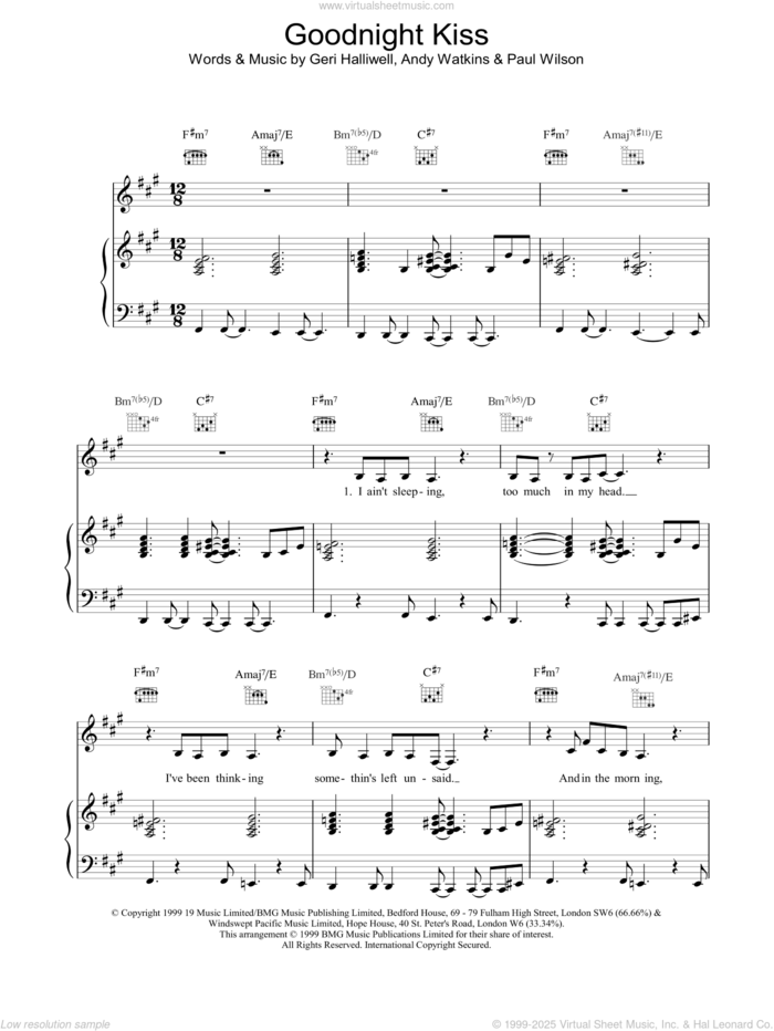 Goodnight Kiss sheet music for voice, piano or guitar by Geri Halliwell, intermediate skill level