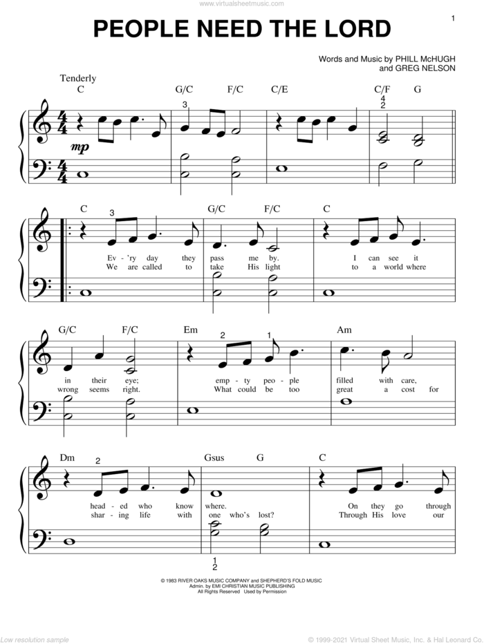 People Need The Lord sheet music for piano solo (big note book) by Steve Green, Greg Nelson and Phill McHugh, easy piano (big note book)