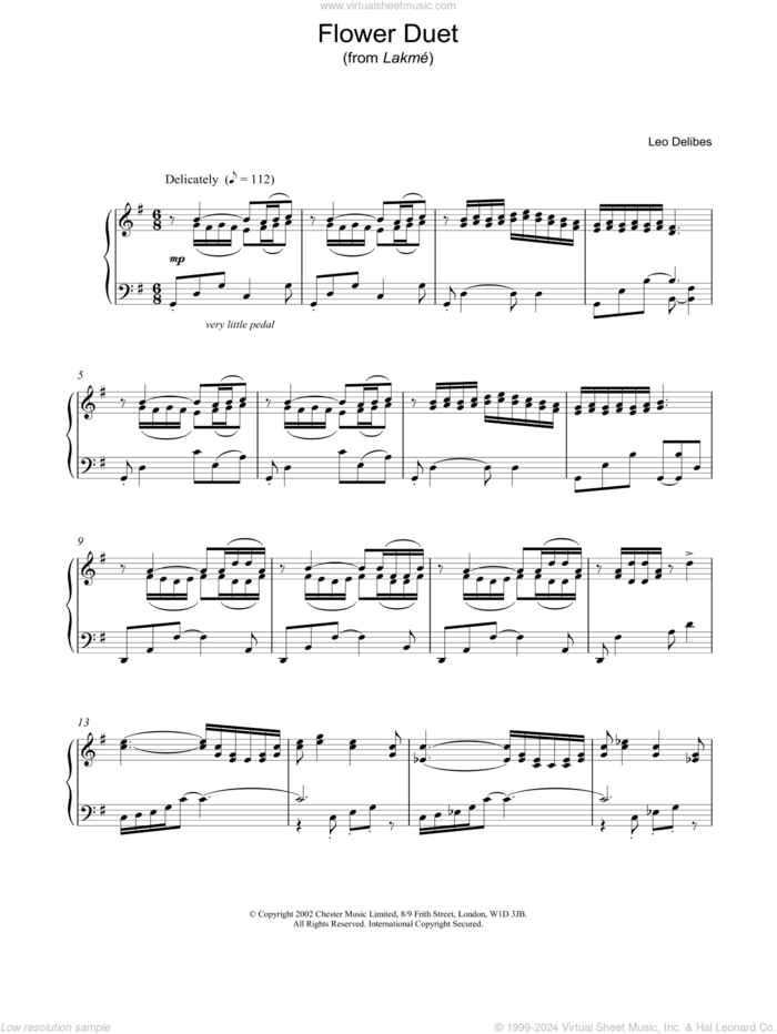 Flower Duet sheet music for piano solo by Leo Delibes, classical score, intermediate skill level