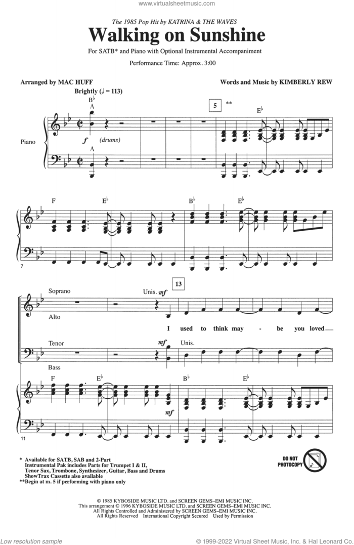Walking On Sunshine (arr. Mac Huff) sheet music for choir (SATB: soprano, alto, tenor, bass) by Katrina And The Waves, Mac Huff and Kimberly Rew, intermediate skill level