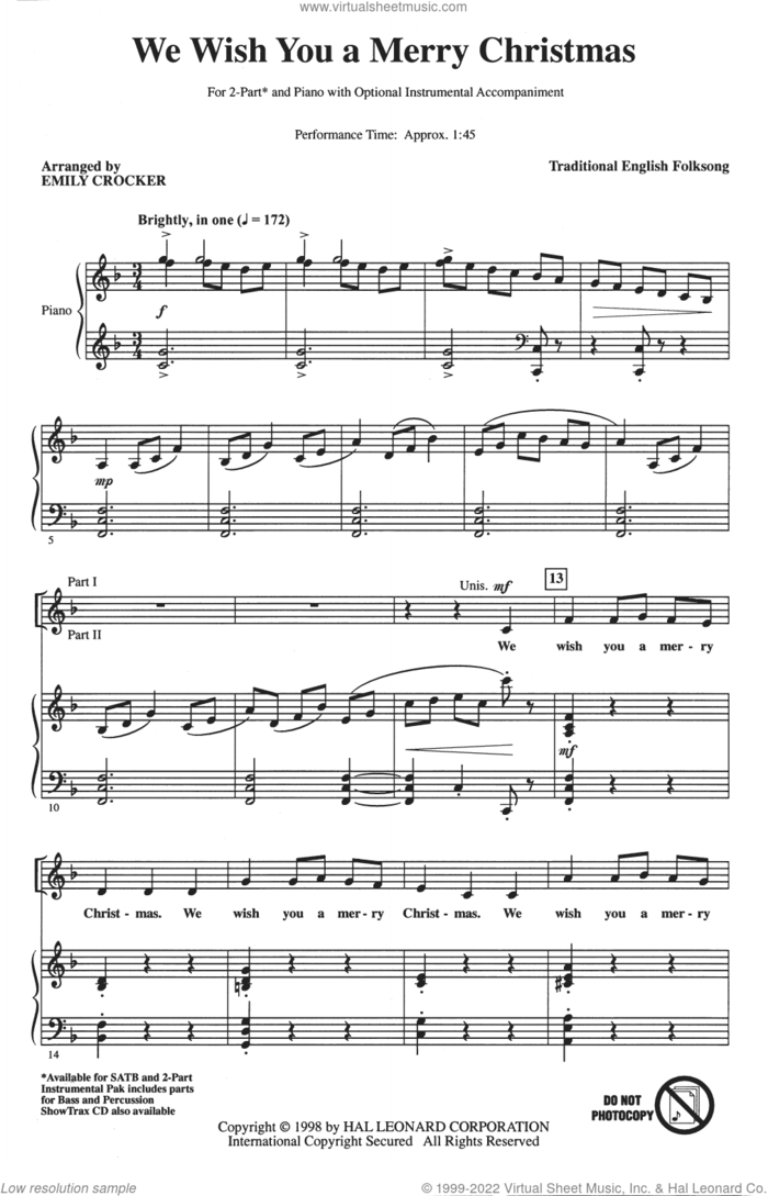 We Wish You A Merry Christmas sheet music for choir (2-Part) by Emily Crocker and Miscellaneous, intermediate duet