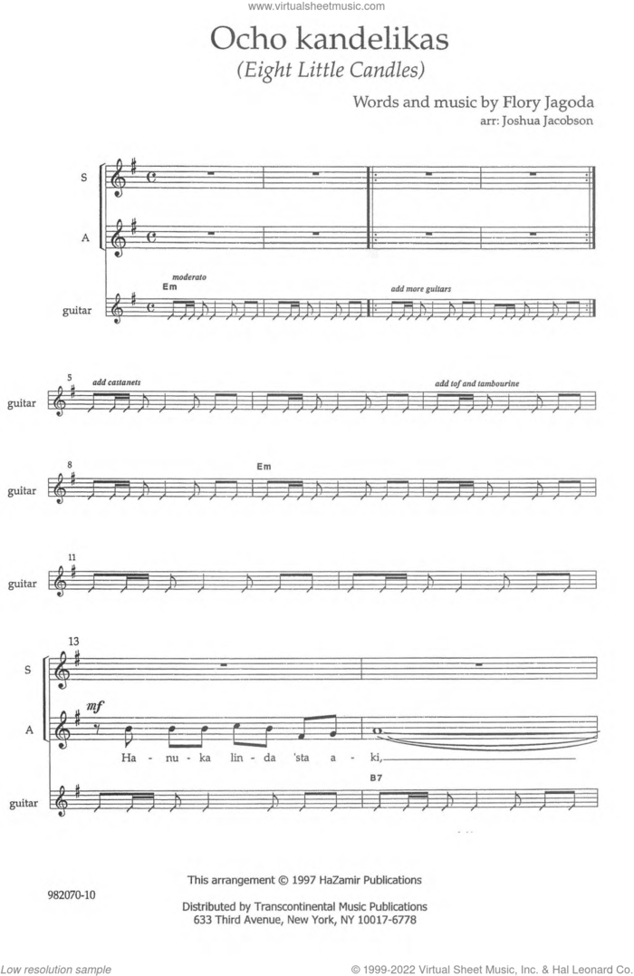 Ocho Kandelikas (arr. Joshua Jacobson) sheet music for choir (SA) by Flory Jagoda and Joshua Jacobson, classical score, intermediate skill level