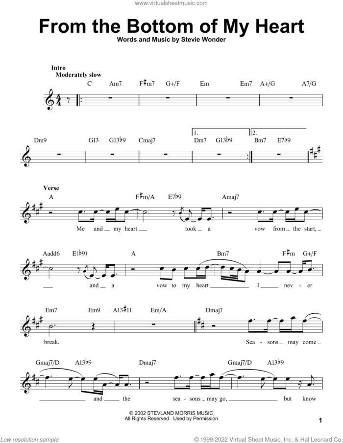 From The Bottom Of My Heart sheet music for voice solo by Stevie Wonder, intermediate skill level