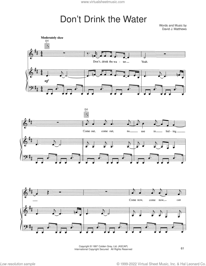 Don't Drink The Water sheet music for voice, piano or guitar by Dave Matthews Band, intermediate skill level