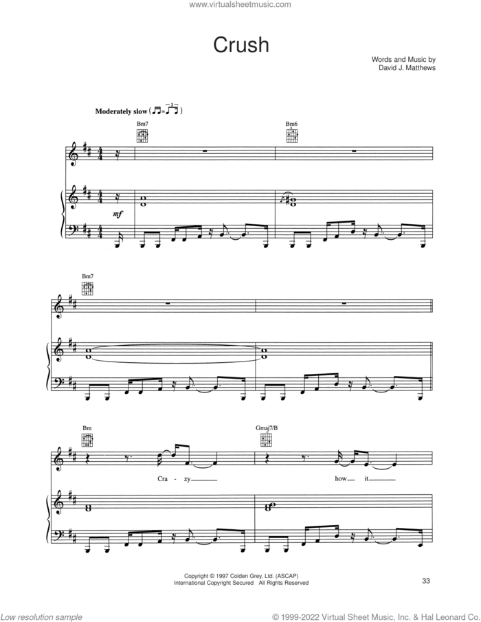 Crush sheet music for voice, piano or guitar by Dave Matthews Band, intermediate skill level