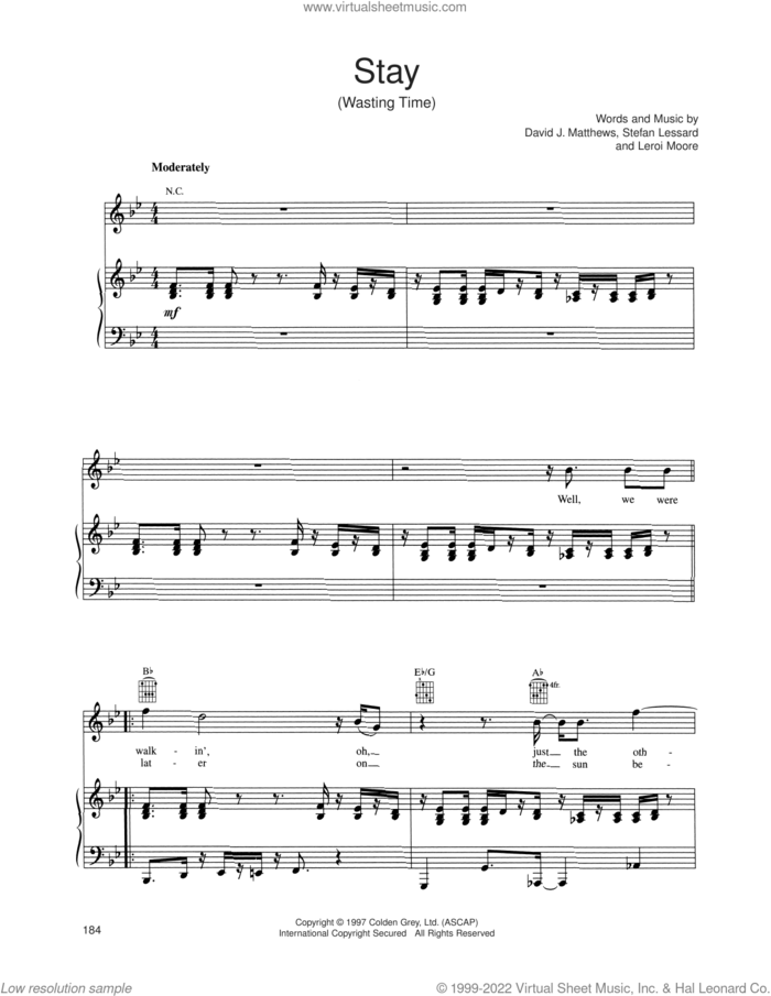 Stay (Wasting Time) sheet music for voice, piano or guitar by Dave Matthews Band, Leroi Moore and Stefan Lessard, intermediate skill level