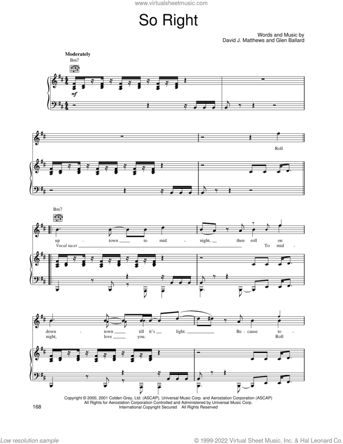 So Right sheet music for voice, piano or guitar by Dave Matthews Band and Glen Ballard, intermediate skill level