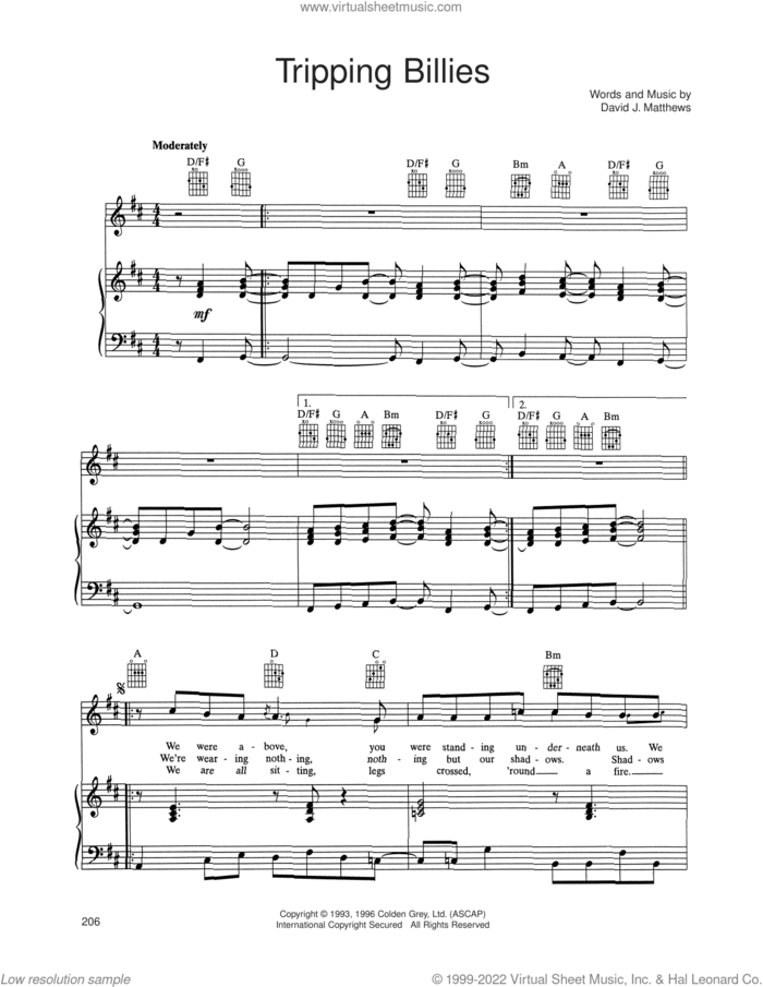 Tripping Billies sheet music for voice, piano or guitar by Dave Matthews Band, intermediate skill level