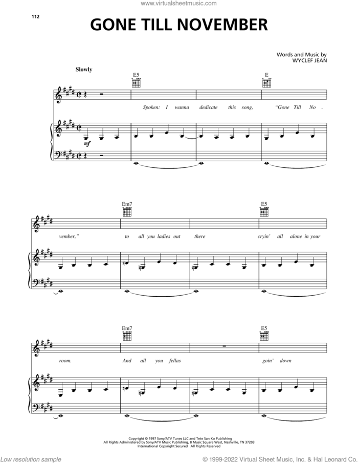 Gone Till November sheet music for voice, piano or guitar by Wyclef Jean, intermediate skill level
