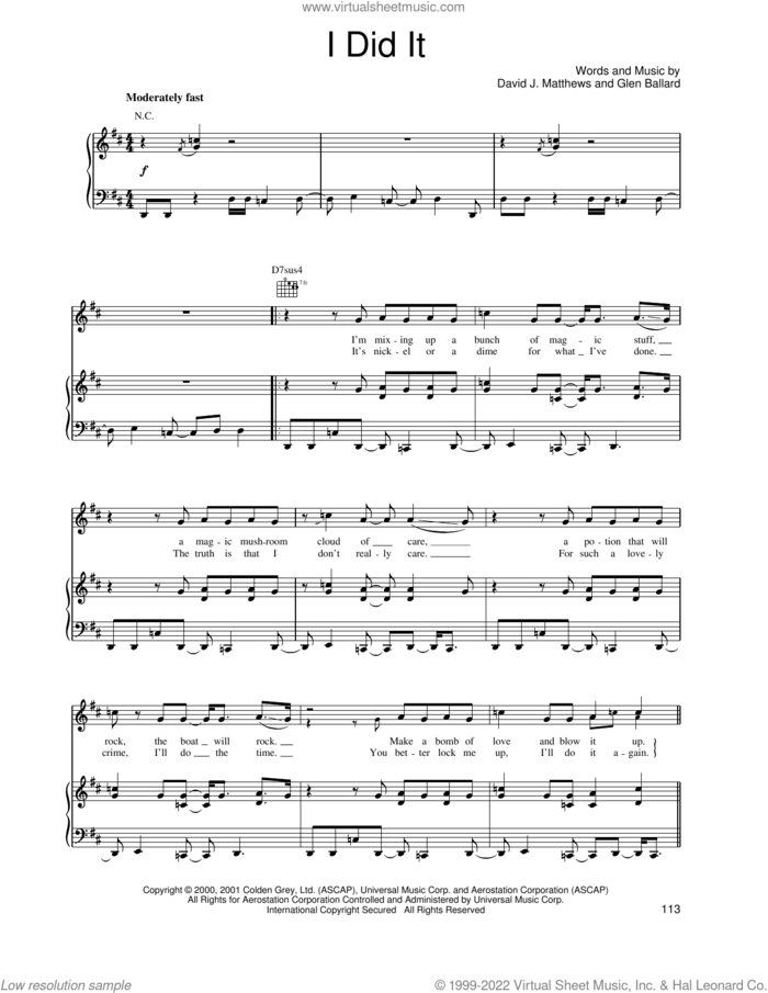 I Did It sheet music for voice, piano or guitar by Dave Matthews Band and Glen Ballard, intermediate skill level