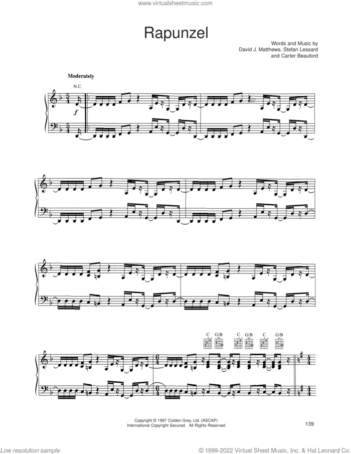 Rapunzel sheet music for voice, piano or guitar by Dave Matthews Band, Carter Beauford and Stefan Lessard, intermediate skill level