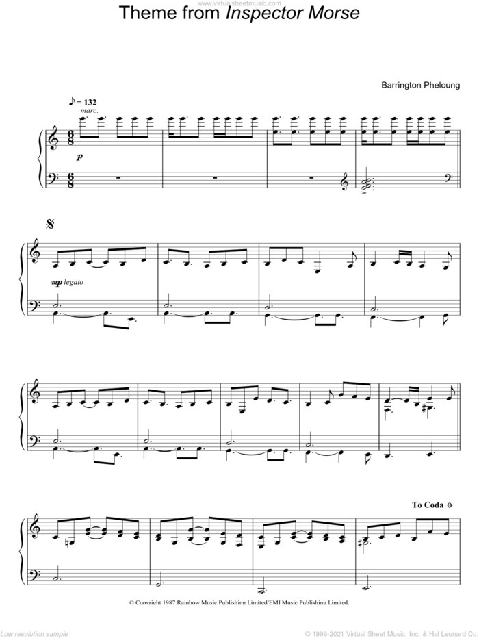 Theme from Inspector Morse sheet music for piano solo by Barrington Pheloung, intermediate skill level