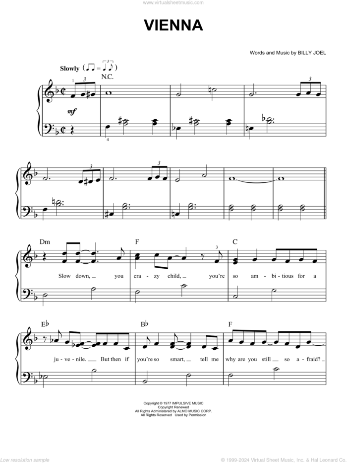 Vienna, (easy) sheet music for piano solo by Billy Joel, easy skill level