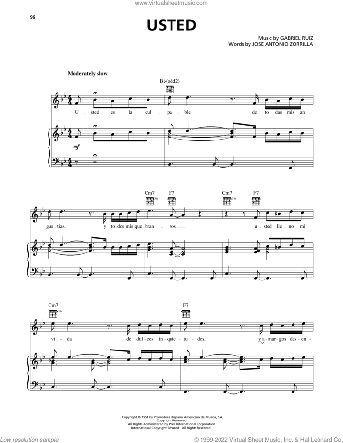 Usted sheet music for voice, piano or guitar by Luis Miguel, Gabriel Ruiz and Jose Antonio Zorrilla, intermediate skill level